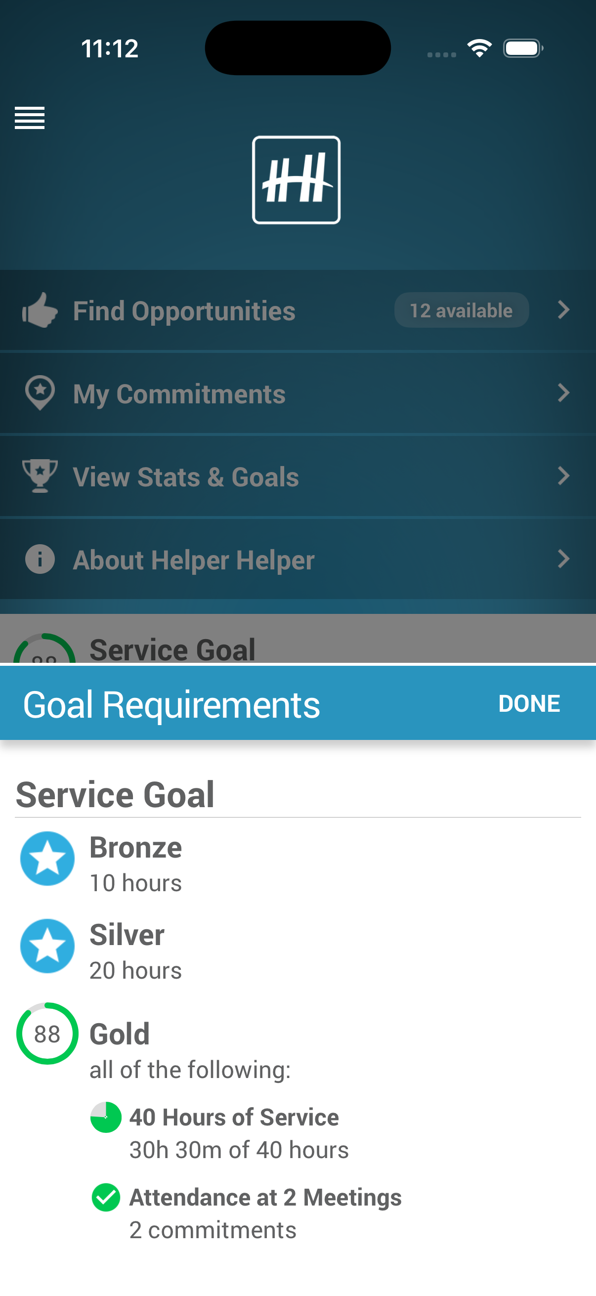 Helper Helper goals detail screen showing student progress toward service hour requirements