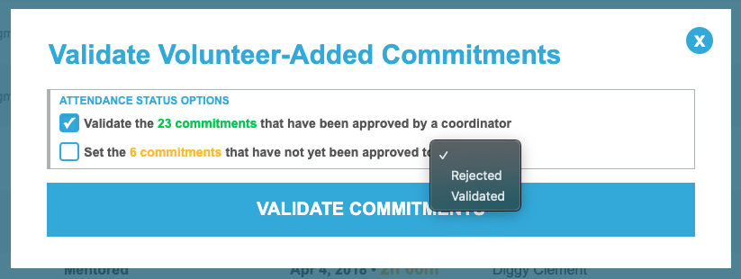 Admin panel showing bulk validation of volunteer-added commitments