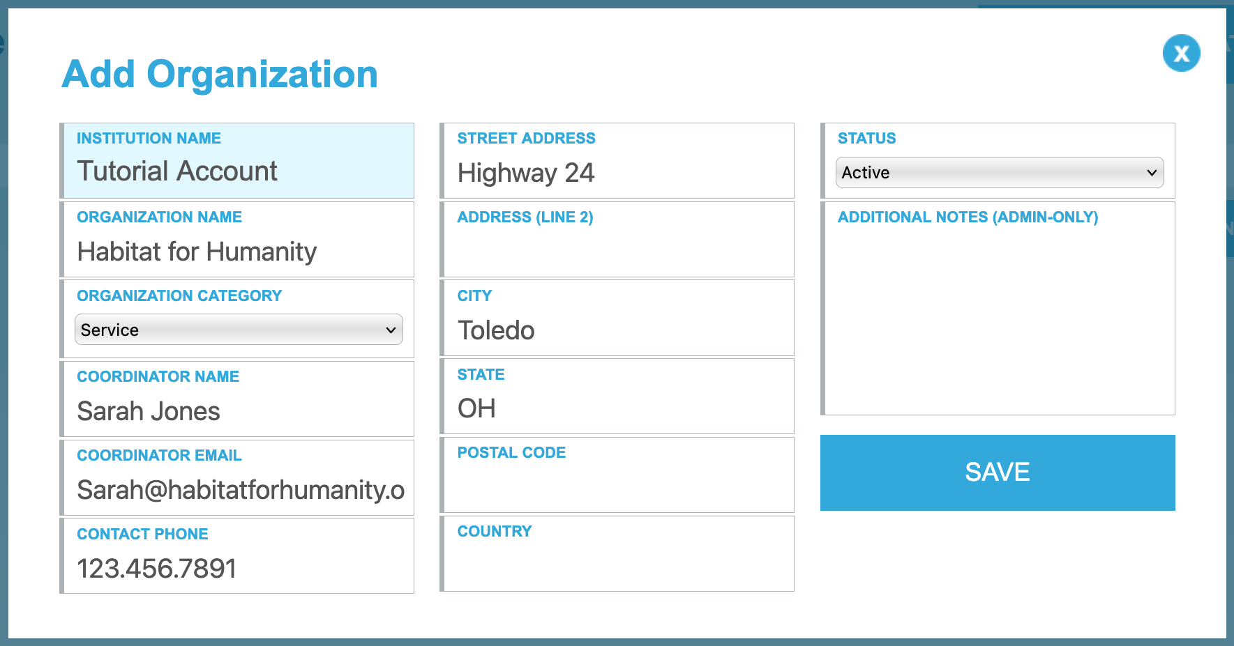 The Add Organization dialog in the Helper Helper admin panel, filled in for Habitat for Humanity with a coordinator name, email, and phone number.