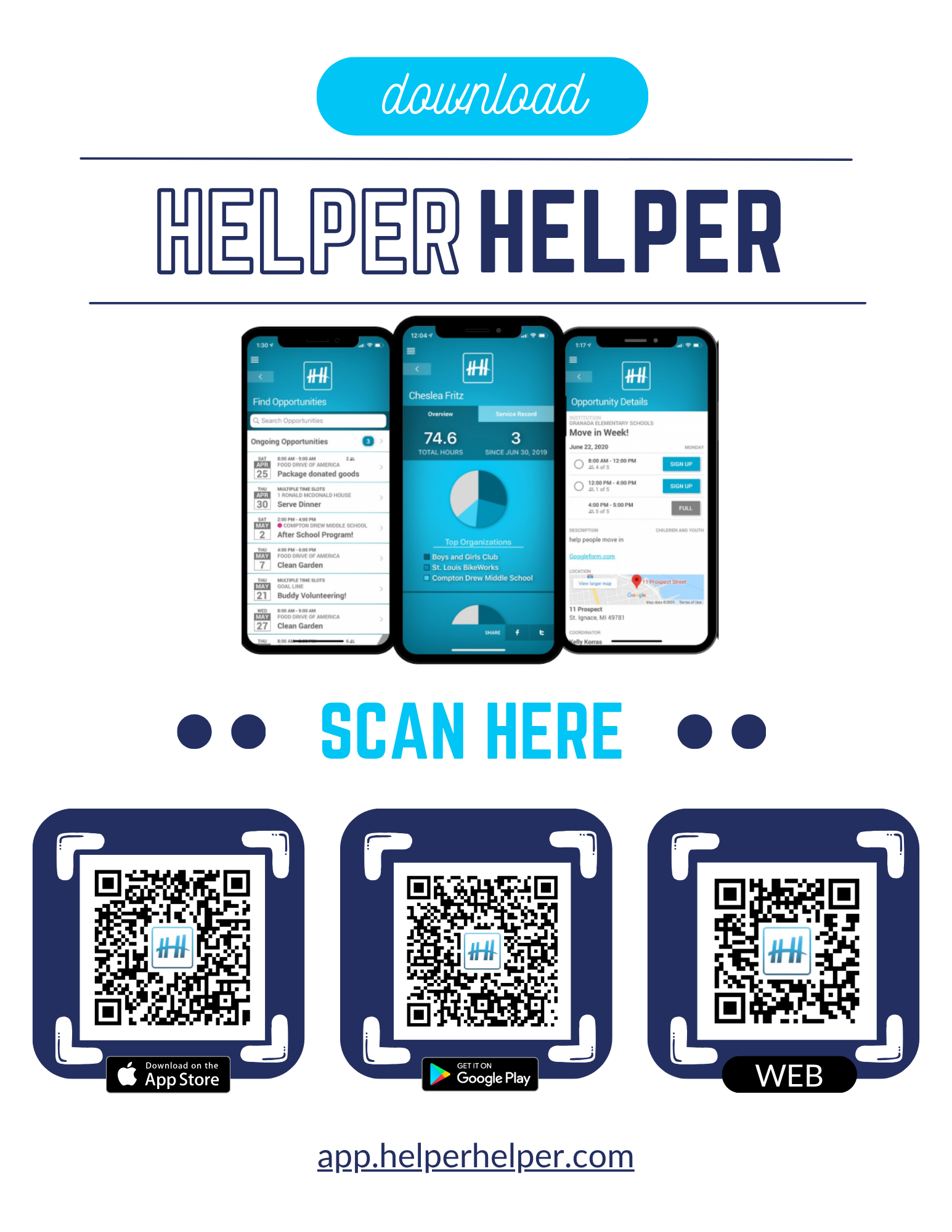 Download poster with App Store, Google Play, and web QR codes