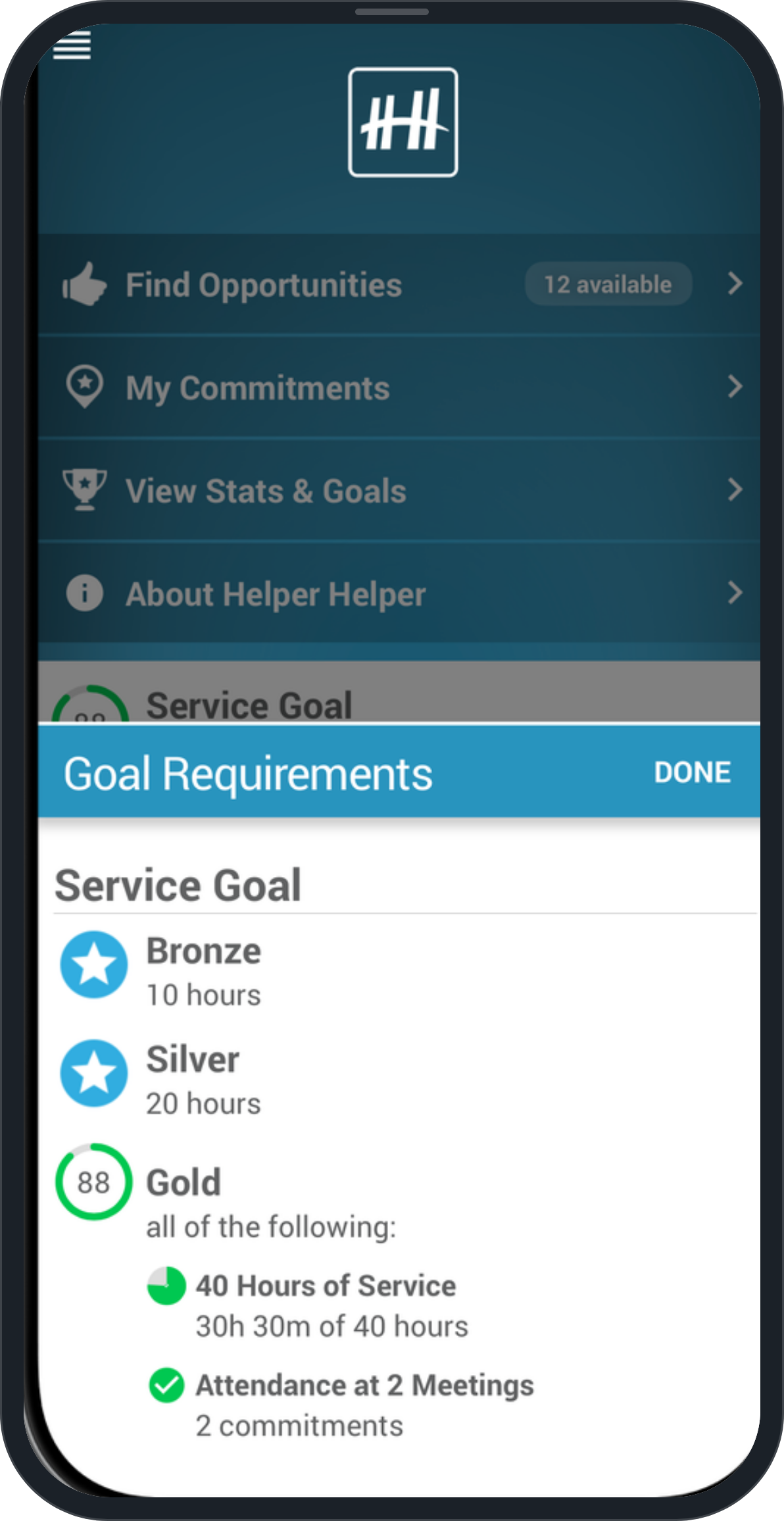The Goal Requirements screen in the app showing a Service Goal with Bronze at 10 hours, Silver at 20 hours, and Gold requiring 40 hours of service plus attendance at two meetings, with live progress.