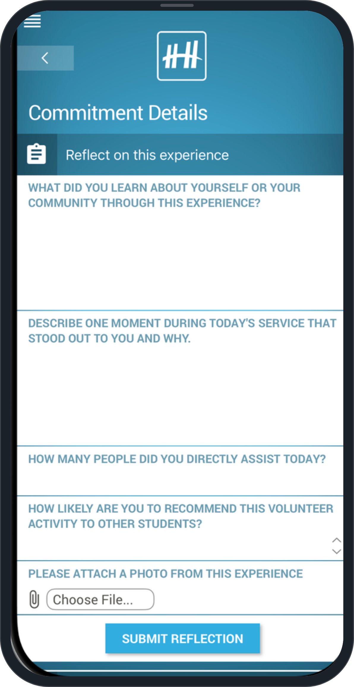 A reflection survey on the Commitment Details screen in the app, asking what the volunteer learned, a standout moment, how many people they assisted, a recommendation rating, and a photo attachment.