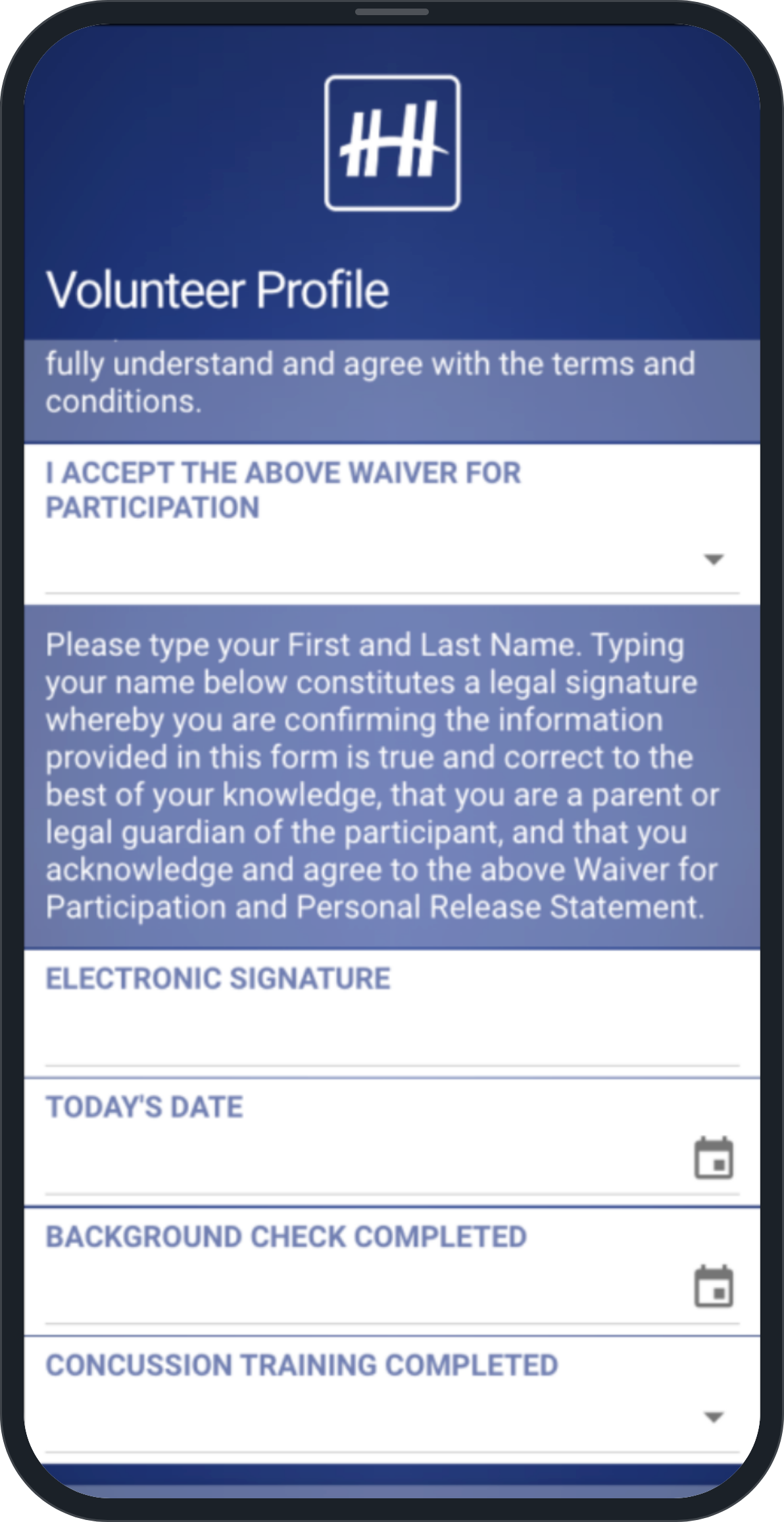 The Volunteer Profile screen in the Helper Helper app, showing a participation waiver with an electronic signature field, today's date, background check completed, and concussion training fields.