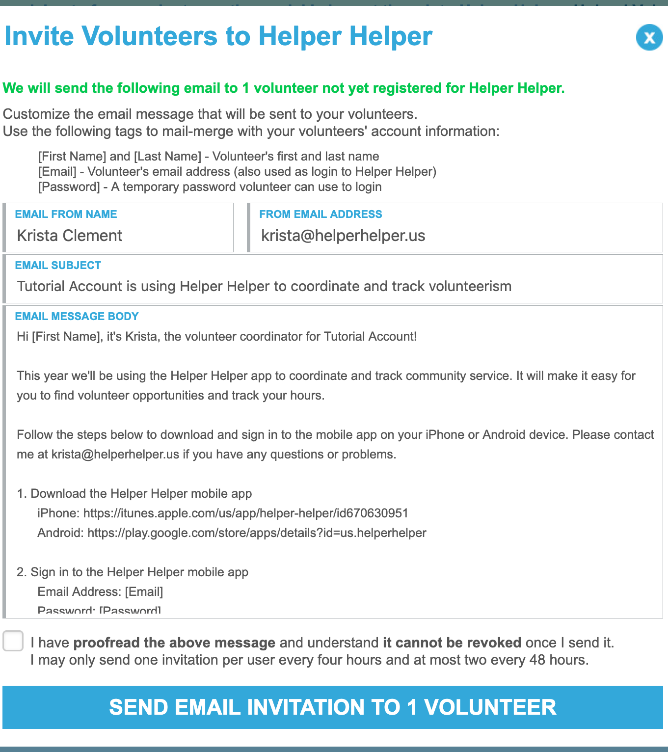 The Invite Volunteers to Helper Helper dialog, showing the editable from-name, subject line, and message body with mail-merge tags for first name, email, and temporary password.