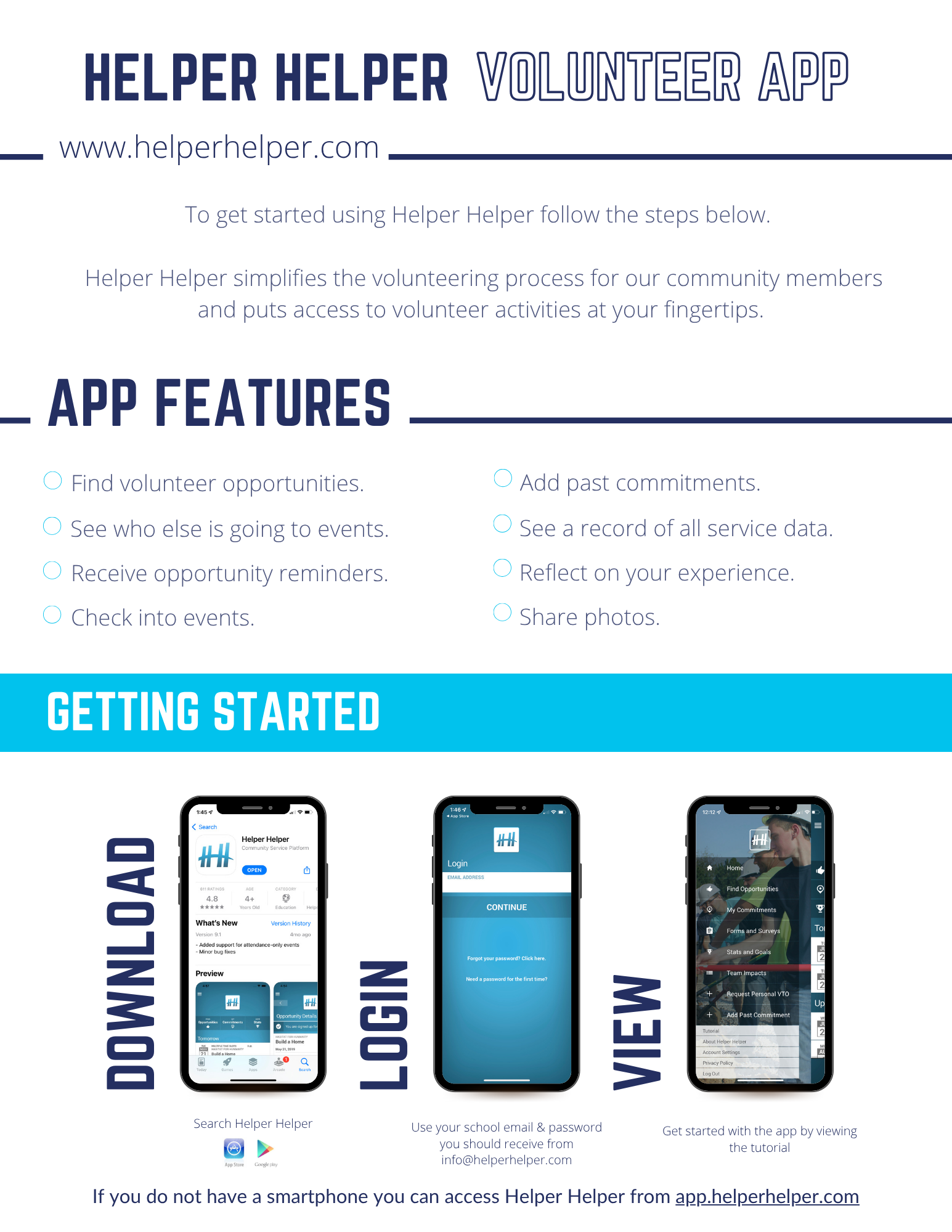 Volunteer app poster showing app features and getting-started steps