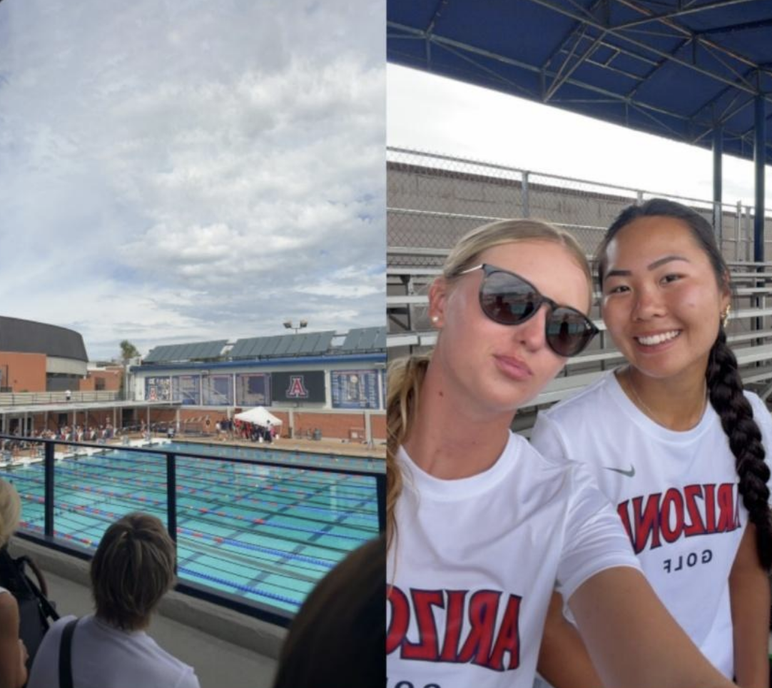 Arizona student-athletes in the stands at a swim meet and a golf selfie during Code Red