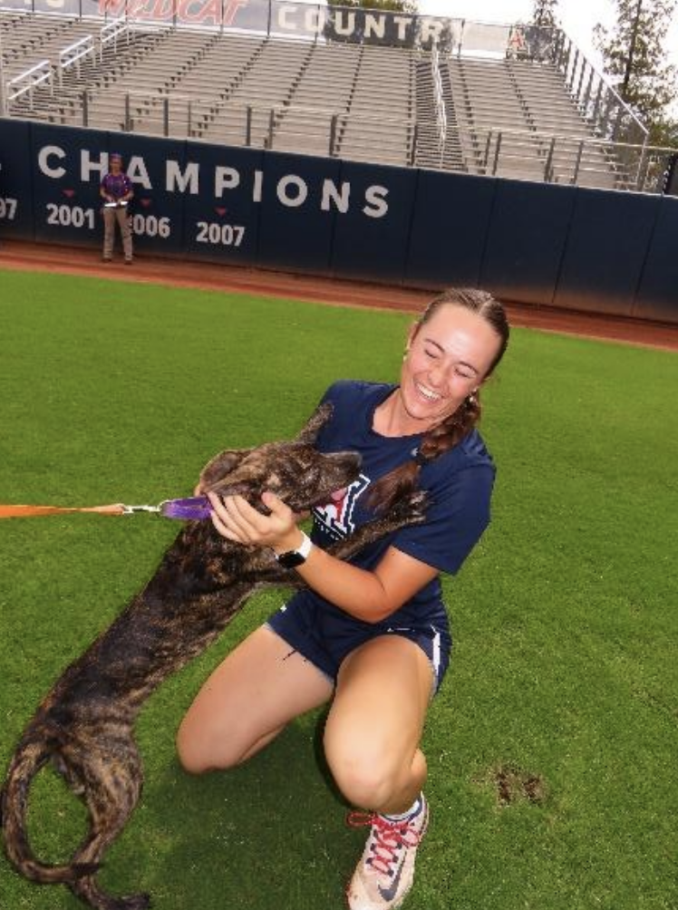 Arizona softball player playing with a shelter dog on the field