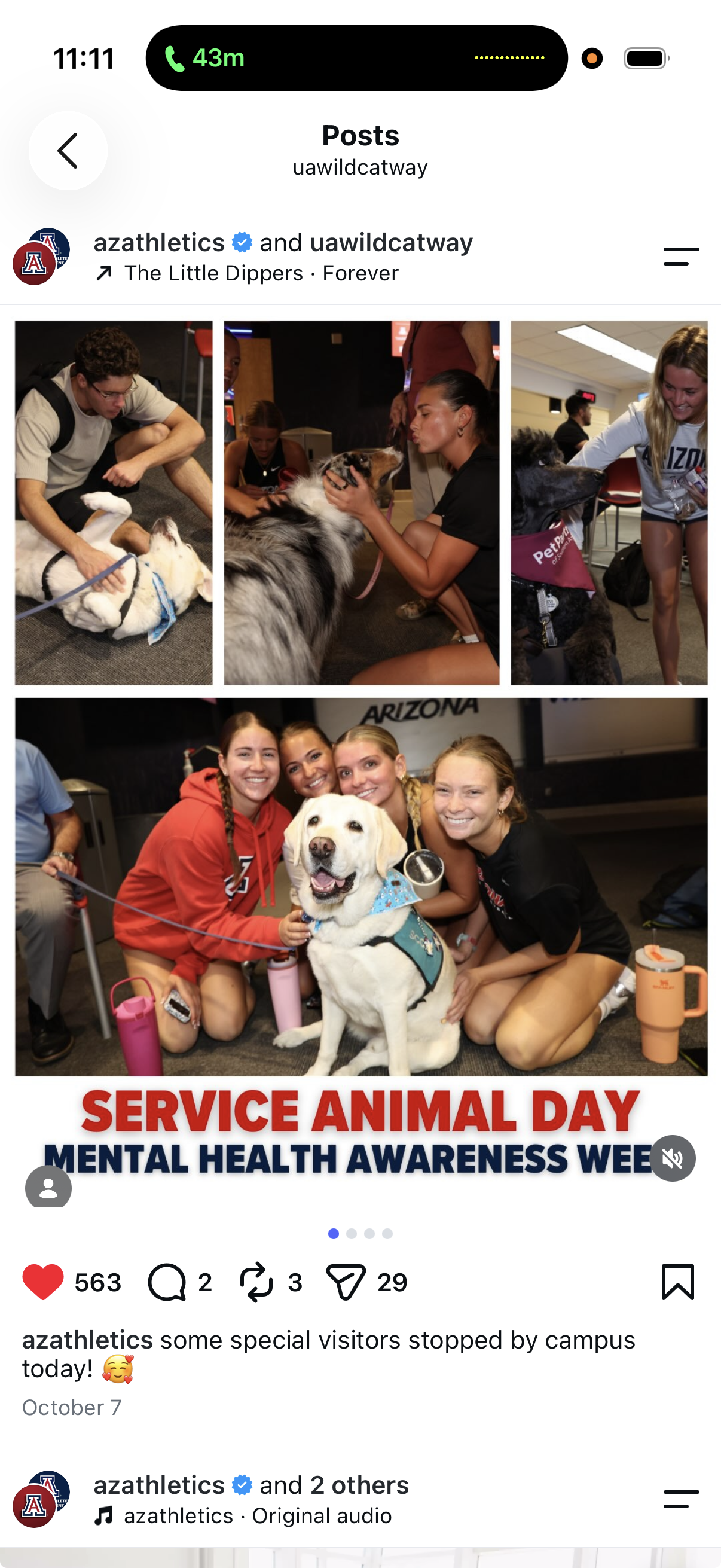 Arizona Athletics Instagram post from Service Animal Day during Mental Health Awareness Week, showing student-athletes with therapy dogs